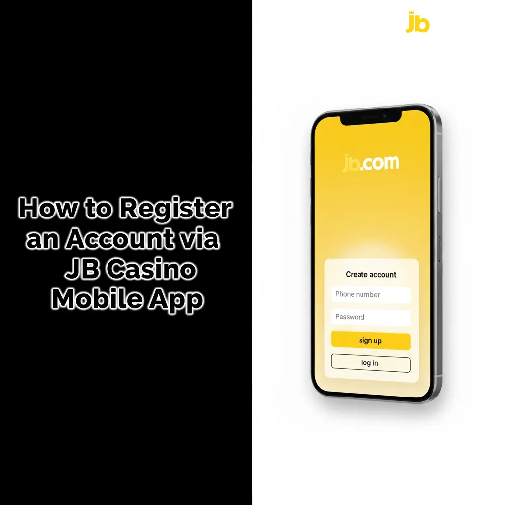 JB Casino mobile app screen with sign-up steps: tap Sign Up, enter phone/email, choose GHS, confirm 18+, verify code.