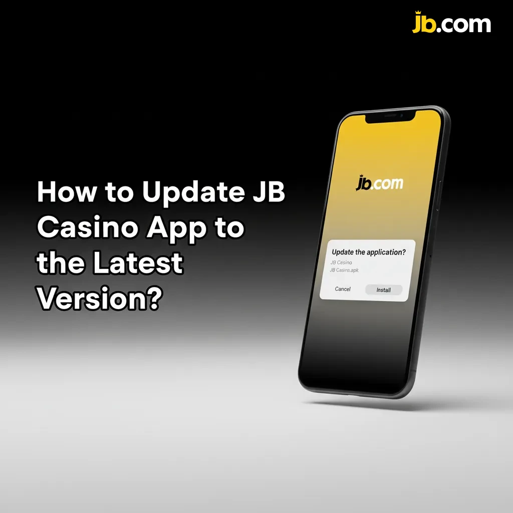 Smartphone showing JB Casino app with 'Update available' banner and Update button in Settings > About.