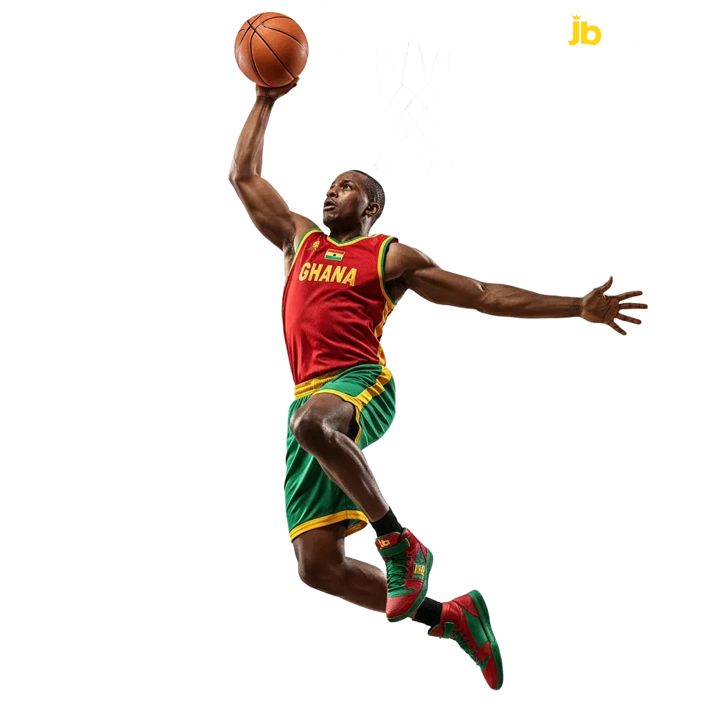 JB Casino Basketball Betting in Ghana banner with NBA imagery, live odds, mobile money logos, 100% welcome bonus.