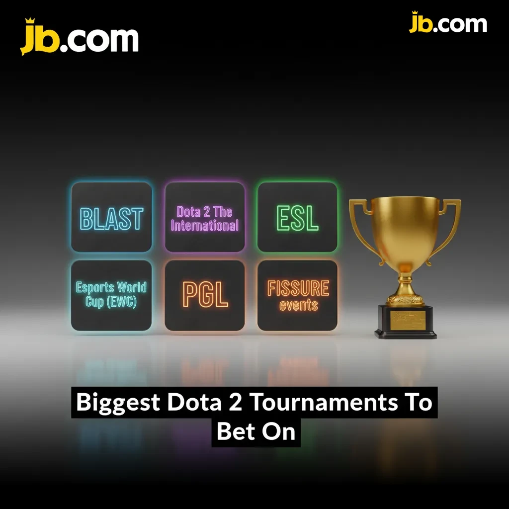 Graphic listing major Dota 2 tournaments for betting: TI, BLAST, ESL, EWC, PGL, FISSURE, with odds and live markets.
