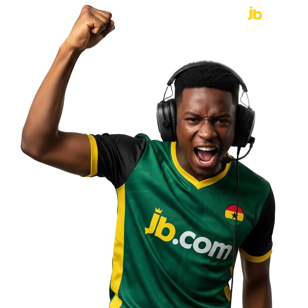 JB Casino e-sports betting in Ghana: mobile app with live markets, Ghana flag colors, and a 120% welcome bonus banner.