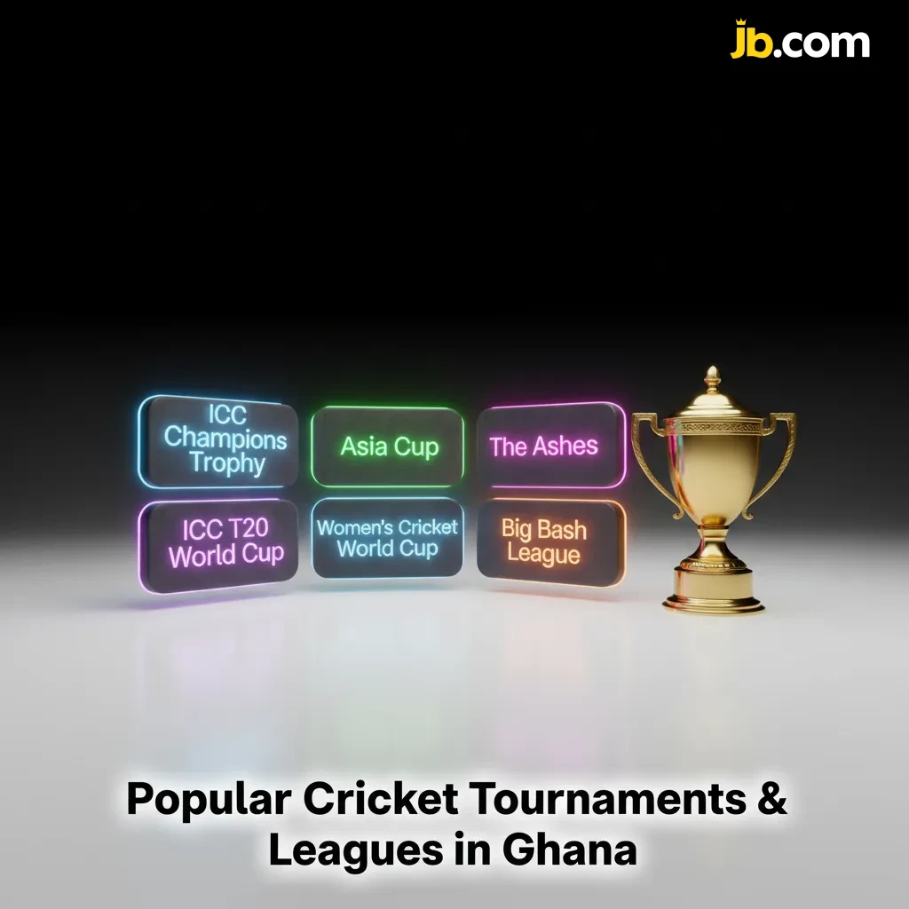 Graphic of popular cricket tournaments in Ghana: ICC World Cup, T20 WC, The Ashes, IPL, PSL, BBL, CPL, SA20, GCA leagues.